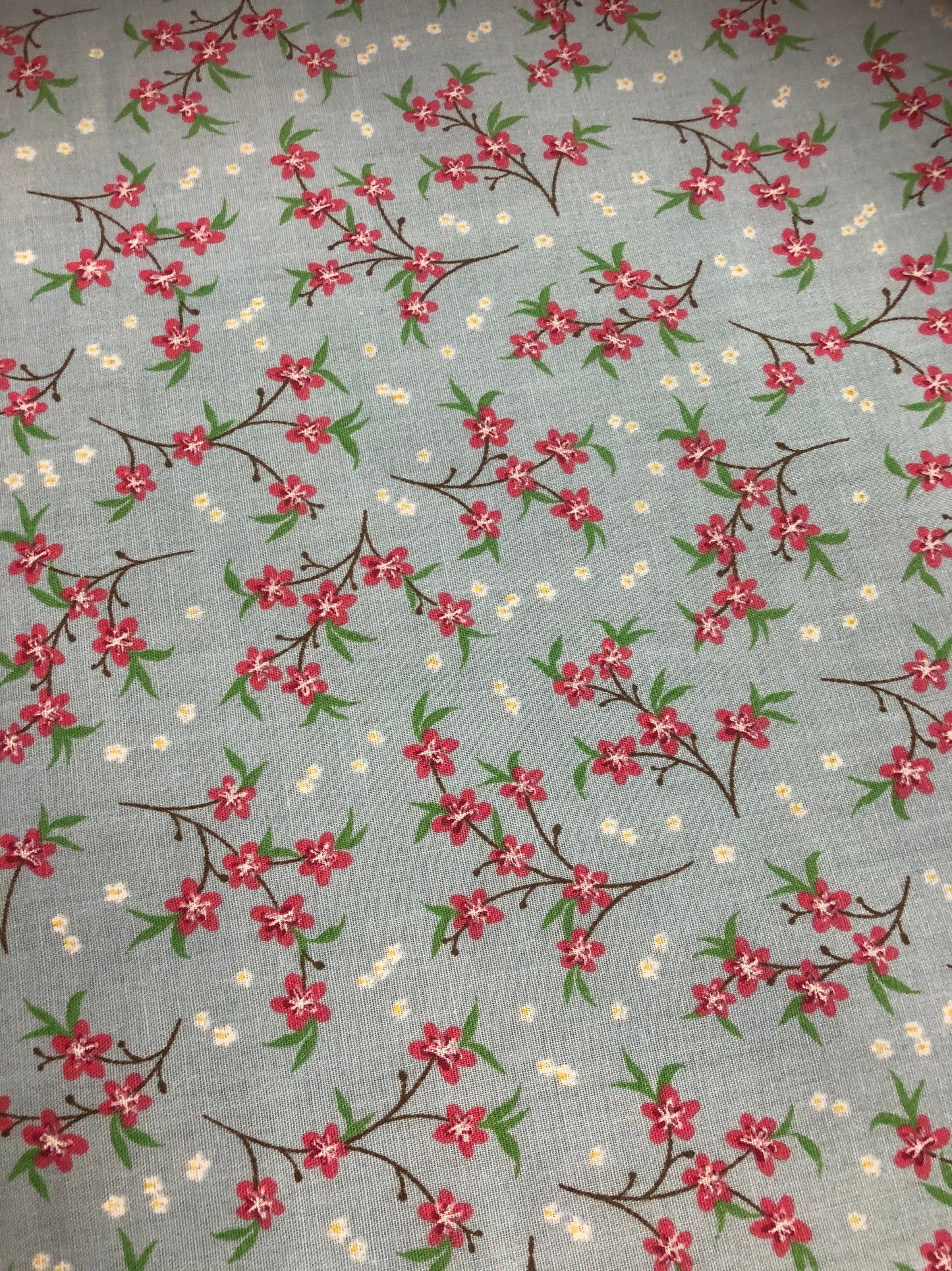 1 Metre Pink Blossom Polycotton Fabric on Baby Blue Background x 110cm / 43 T225
