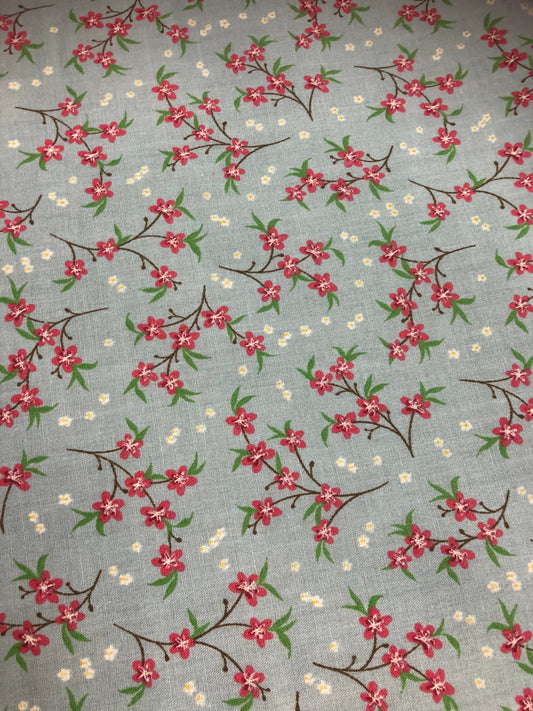 1 Metre Pink Blossom Polycotton Fabric on Baby Blue Background x 110cm / 43 T225