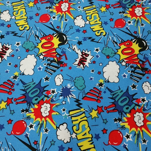 1m 100% Cotton Pow & Smash Comic Print Fabric x 150cm /60 - Blue